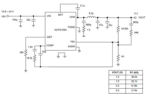 使用NCP3155的5伏稳压器电路图