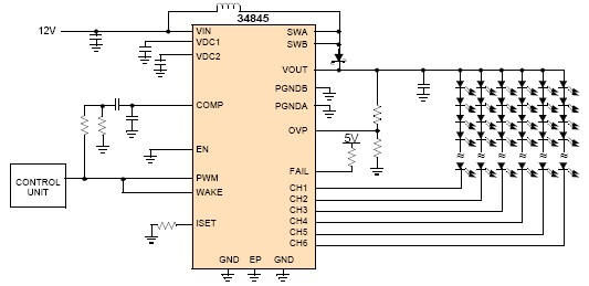 使用MCP34845的6通道LED驱动电路