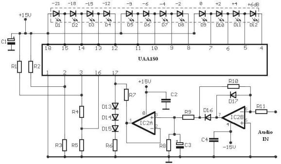 使用 UAA180 LED 驱动器的音频电平表
