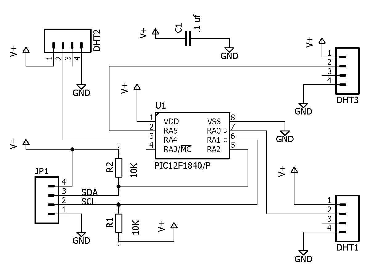 PIC I2C 接口和三个 DHT 传感器电路