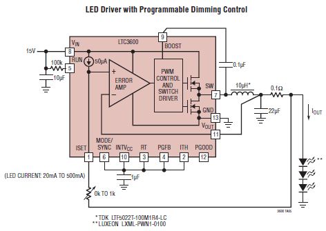 具有可编程调光控制功能的 LTC3600 LED 驱动器电路图
