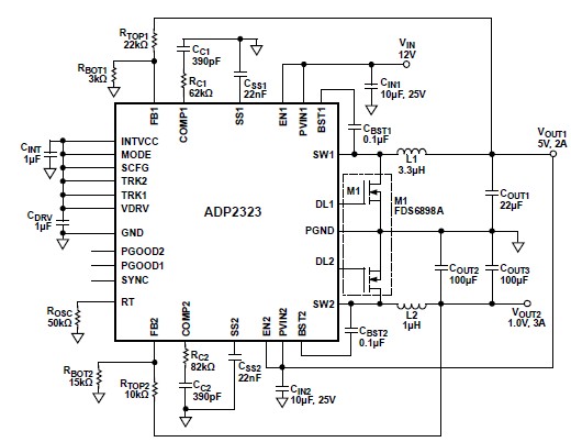 使用 ADP2323 的 5 V DC DC 降压转换器
