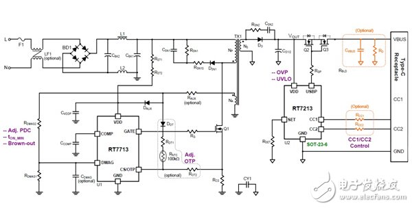 RT7713和RT7213组成的符合Type-C规范的原边回馈（PSR）电源适配器