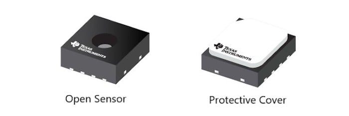 典型的 MEMS IC 湿度传感器 (a)，也可提供保护盖 (b)。 我