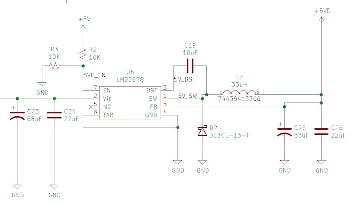 非同步 LM22678 降压转换器 12 V 至 5 V 的示意图。