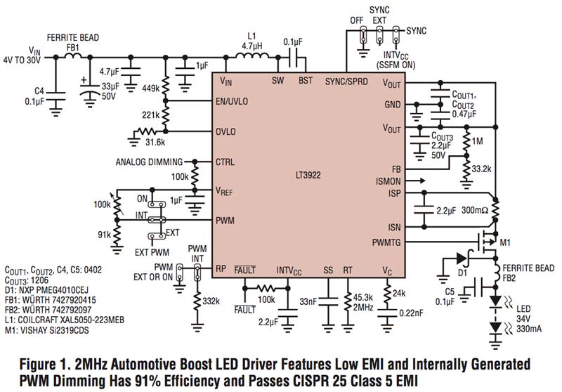 低 EMI LED 驱动器具有用于汽车照明的 2A、40V 同步开关