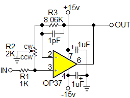 使用一个线性电位器将运算放大器增益从 -30 dB 调整到 +60 dB