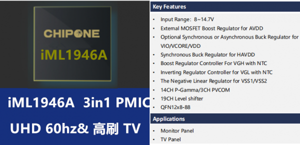 iML1946A-3合1电源管理芯片（PMIC）适用于UHD 60hz/高刷TV