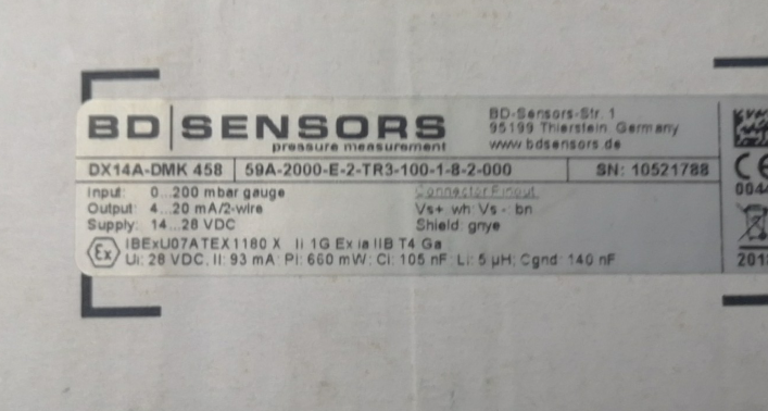 BDSENSORS博德压力变送器DX14A-DMK 458    0-200mbar 4-20mA两线