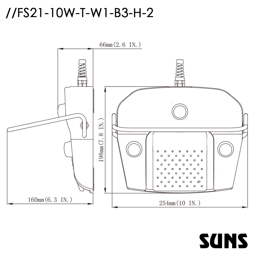 SUNS美国三实 三按钮功能单踏板脚踏开关FS21-10W-T-W1-B3-H-2医疗脚踏开关 IPx8防水脚踏开关 尺寸图