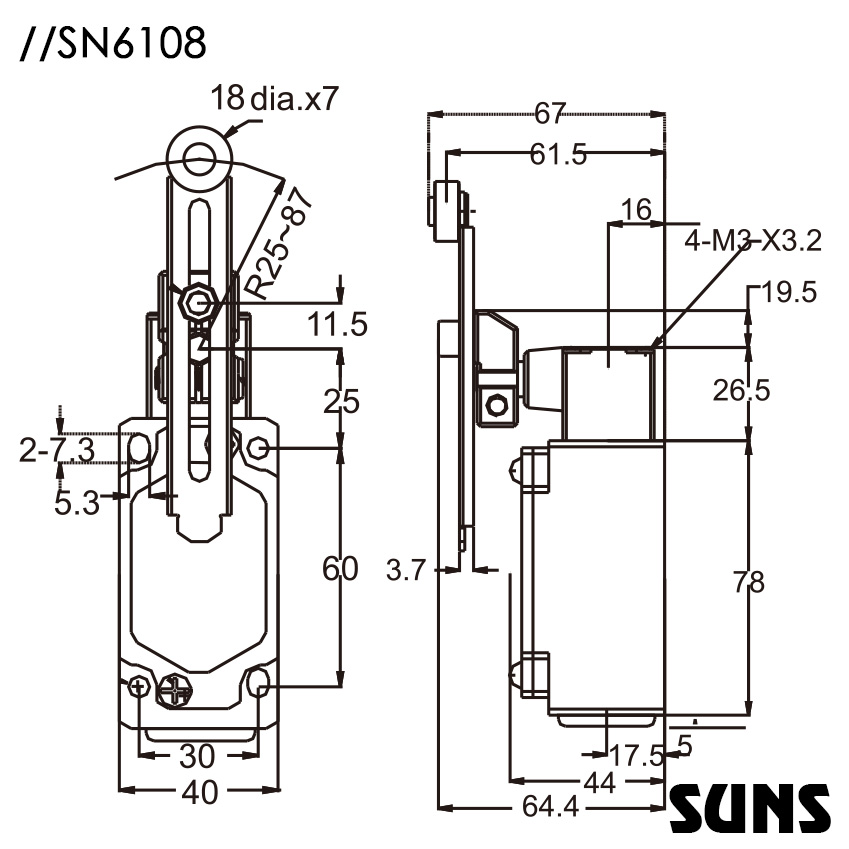 SUNS美国三实金属壳体行程开关SN6108-SP-C安全限位开关 防水限位开关 尺寸图