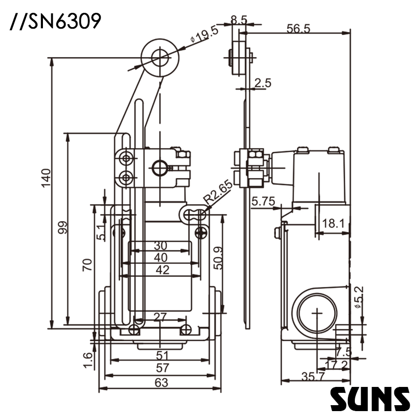 SUNS美国三实防水行程开关SN6309安全限位开关 尺寸图