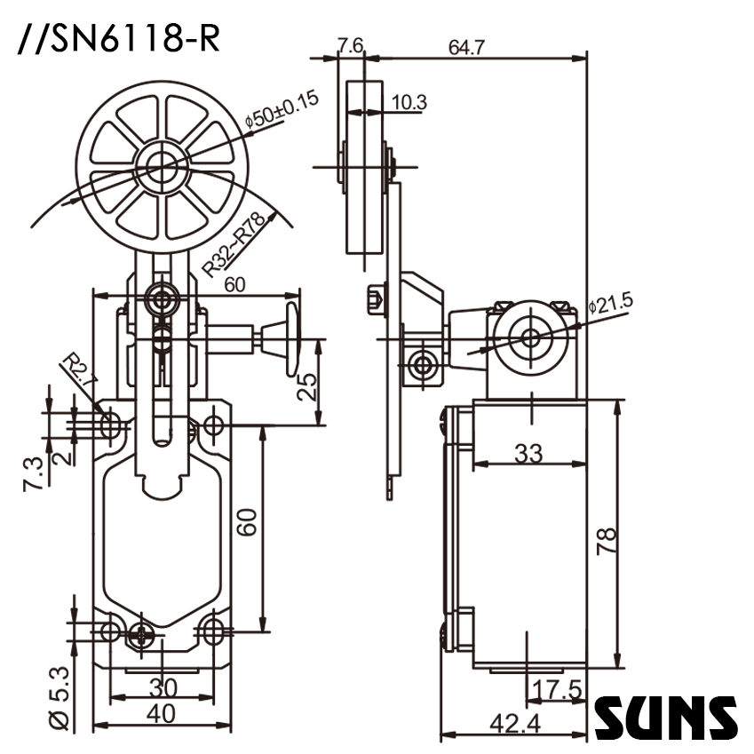 SUNS美国三实手动复位限位开关SN6118-SP-C-R安全限位开关 防水限位开关尺寸图