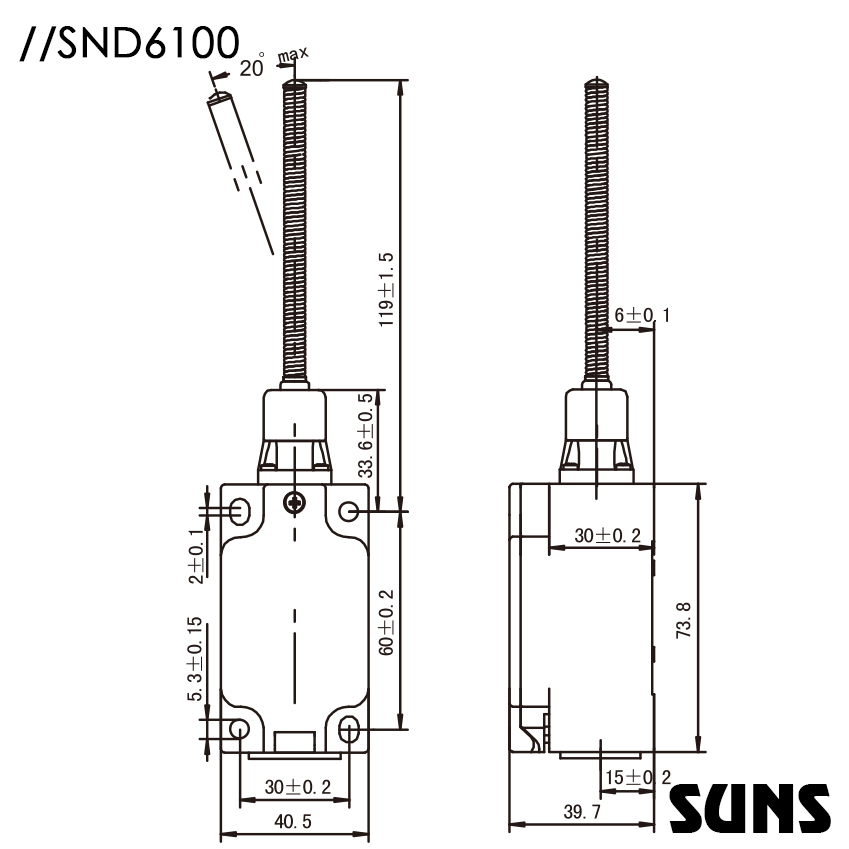 SUNS美国三实防水行程开关SND6100安全限位开关 尺寸图