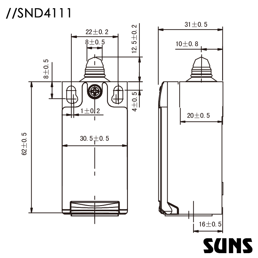 SUNS美国三实塑料行程开关SND4111-SP-C安全限位开关 防水限位开关 尺寸图