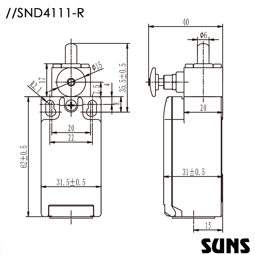 SUNS美国三实防水行程开关SND4111-R安全限位开关 手动复位限位开关 尺寸图
