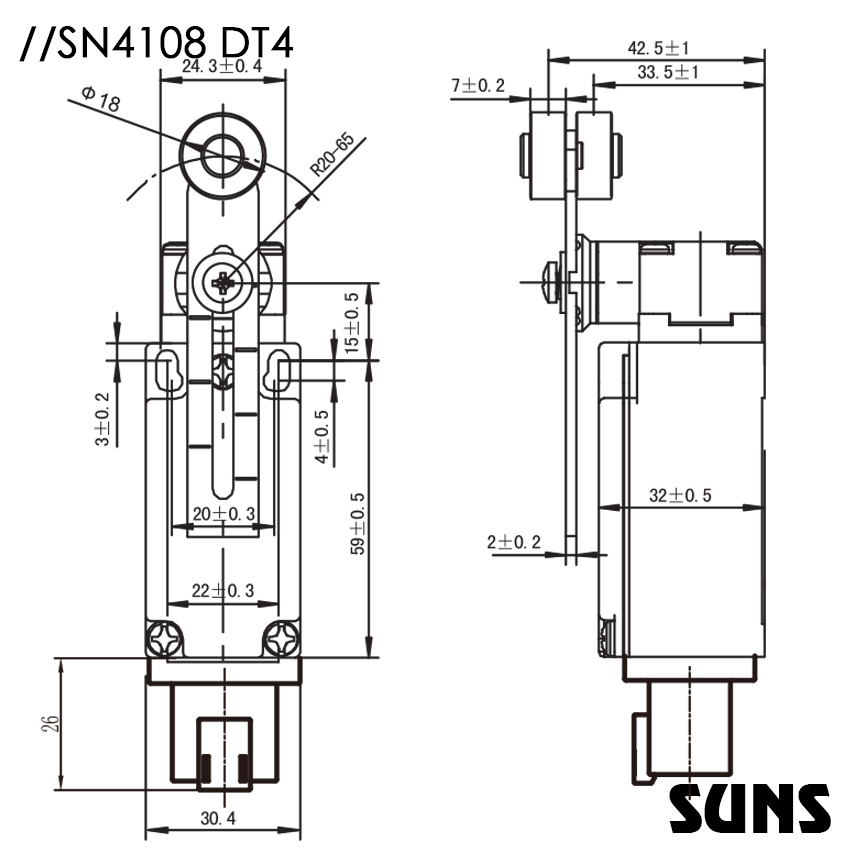 SUNS美国三实防水行程开关SN4108-SP-A DT4连接器安全限位开关 尺寸图