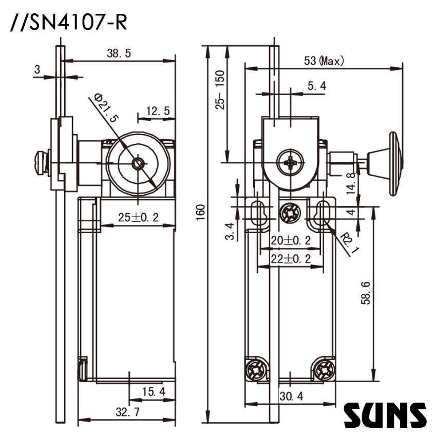 SUNS美国三实金属行程开关SN4107-SP-C-R安全限位开关 手动复位限位开关 尺寸图