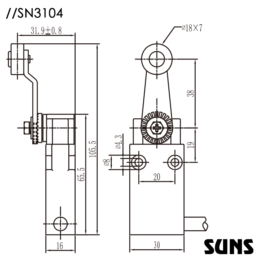 SUNS美国三实工程机械限位开关SN3104安全限位开关 户外限位开关 尺寸图