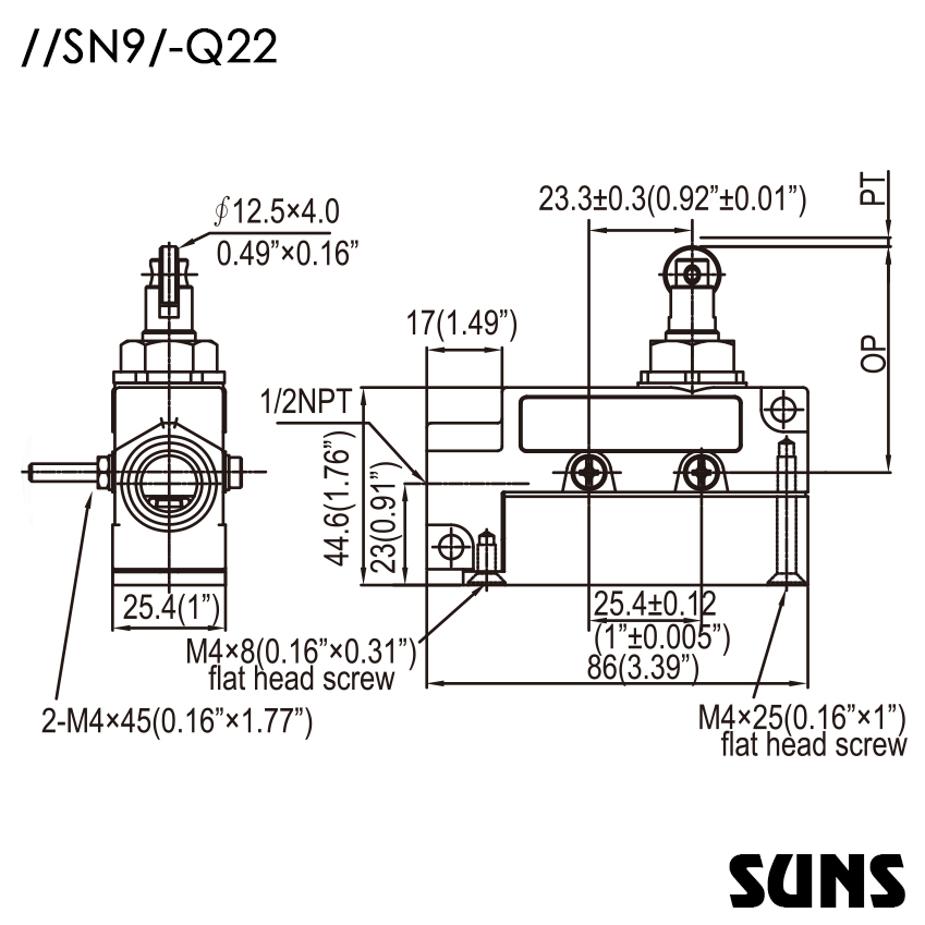 SUNS美国三实小型行程开关SN91-Q22封闭式限位开关 高精度限位开关 尺寸图
