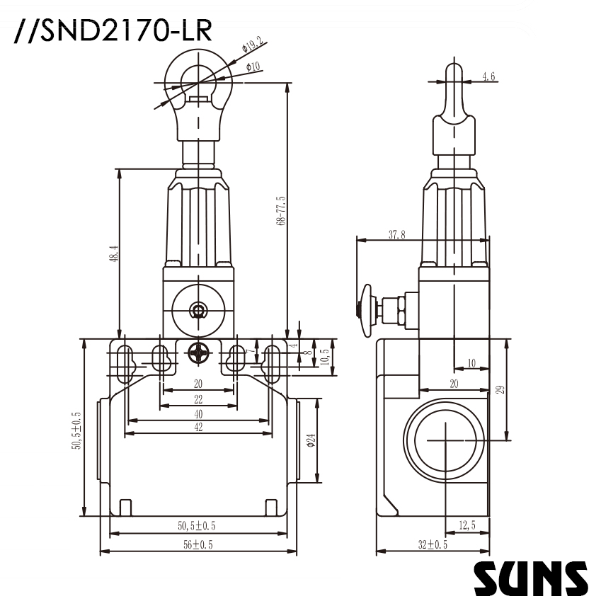 SUNS美国三实双向动作式拉线开关SND2170-LR安全拉绳开关 防水安全开关尺寸图