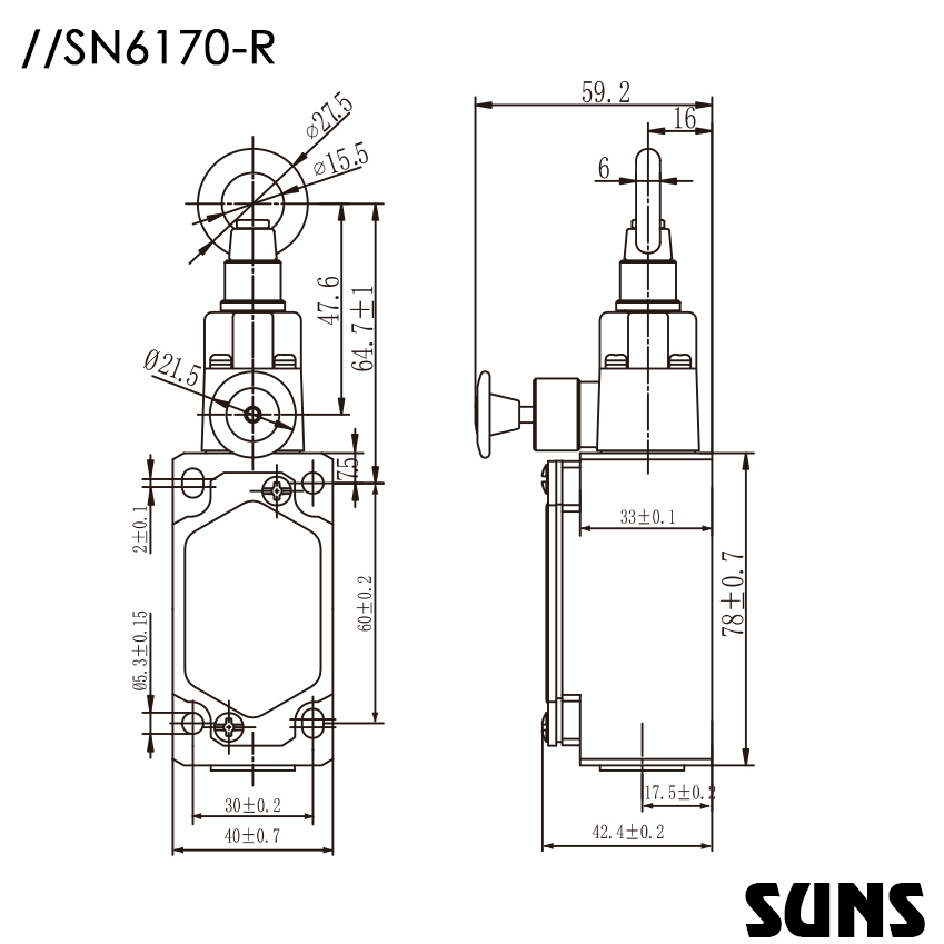SUNS美国三实单向动作式拉绳开关SN6170-R安全拉绳开关 手动复位拉绳开关 尺寸图
