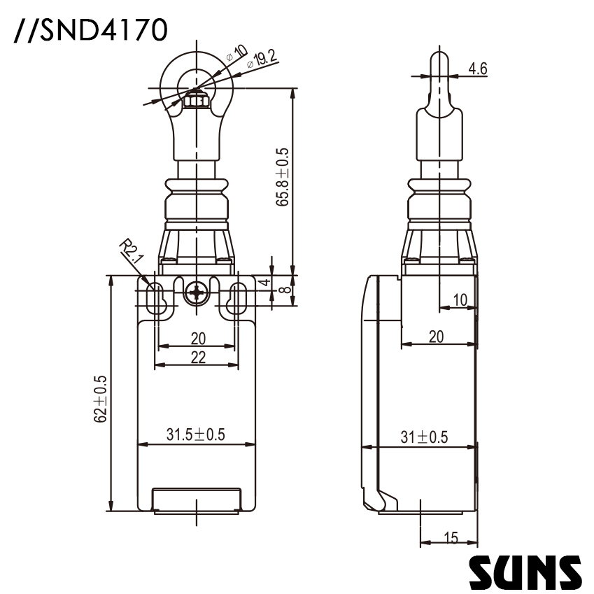 SUNS美国三实单向动作式拉绳开关SND4170安全拉绳开关 自复位拉绳开关尺寸图