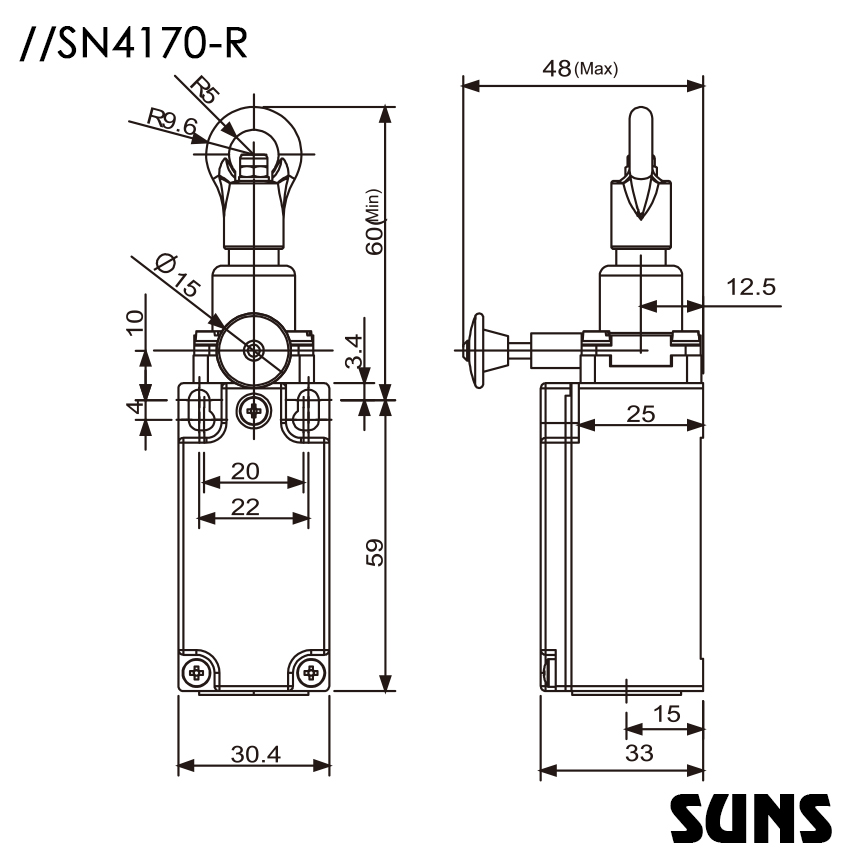 SUNS美国三实单向动作式拉绳开关SN4170-R安全拉绳开关 手动复位拉绳开关尺寸图
