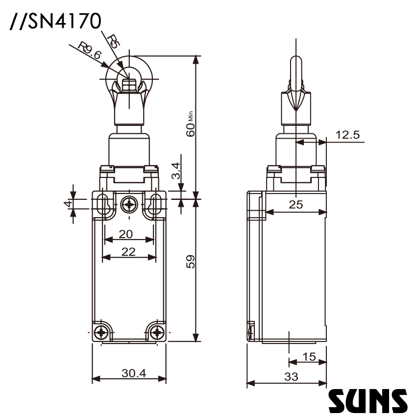 SUNS美国三实单向动作式SN4170安全拉绳开关 坚固的金属壳体拉绳开关尺寸图