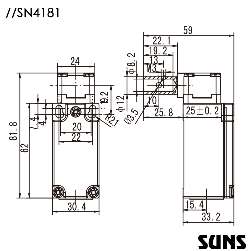 SUNS美国三实安全铰链开关SN4181-SL-C轴杆型安全开关 安全门开关尺寸图