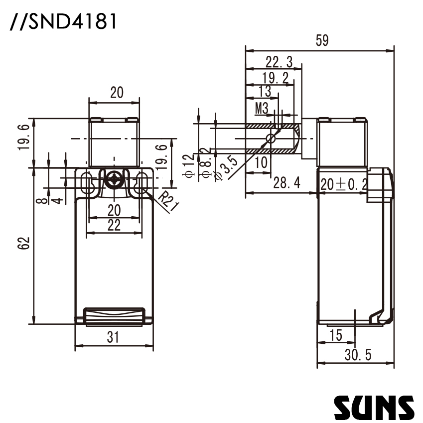 SUNS美国三实安全铰链开关SND4181-SL-C轴杆型安全开关 安全门开关尺寸图