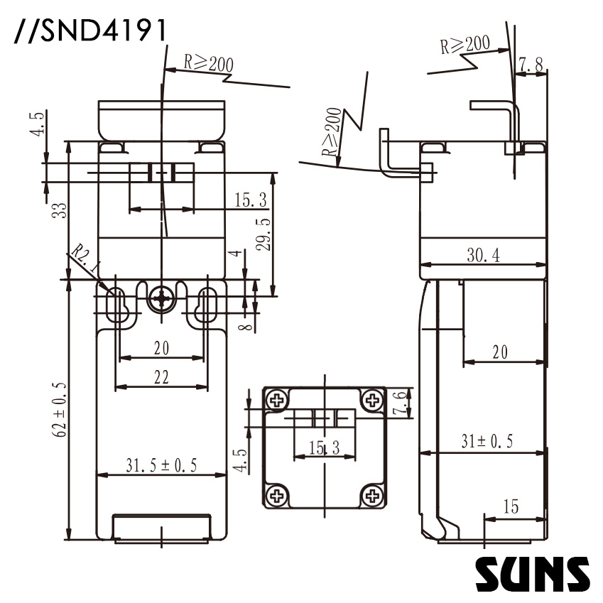 SUNS美国三实安全门开关SND4191-SL-C安全钥匙开关 安全开关尺寸图