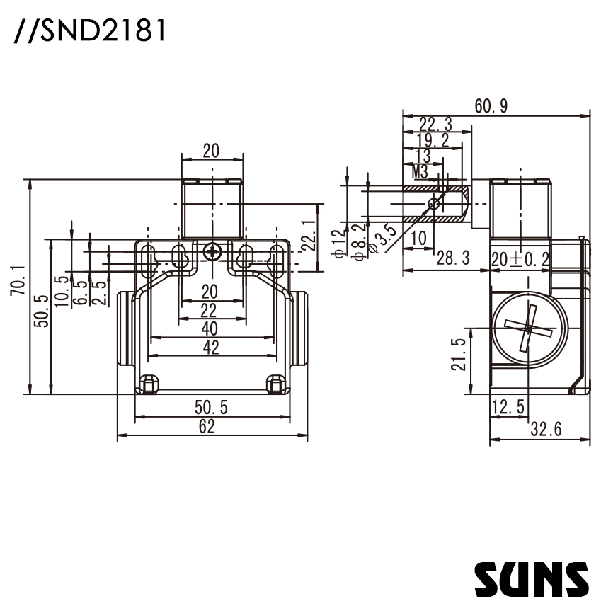 SUNS美国三实安全铰链开关SND2181-SL-C轴杆型安全开关 安全门开关 尺寸图