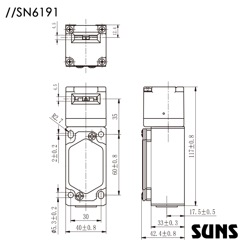 SUNS美国三实安全门开关SN6191-SL-C安全钥匙开关 安全防护开关尺寸图