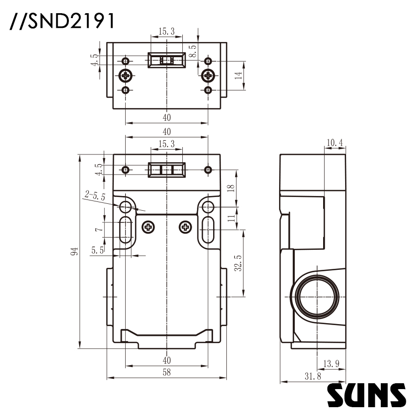 SUNS美国三实安全门开关SND2191-SL-C安全钥匙开关 安全开关尺寸图