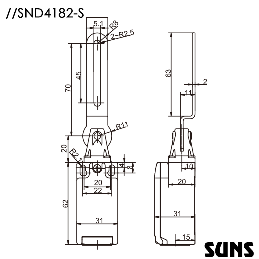 SUNS美国三实安全铰链开关SND4182-S悬臂摆杆型头部安全开关 安全门开关 尺寸图