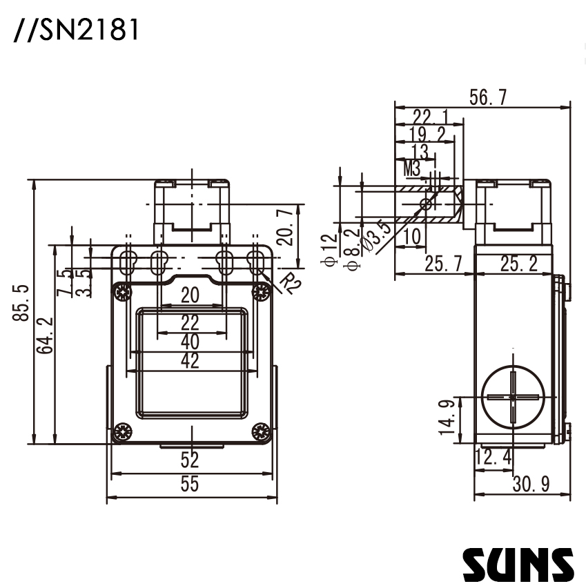 SUNS美国三实安全铰链开关SN2181-SL-C轴杆型安全开关 安全门开关