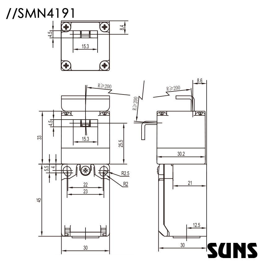 SUNS美国三实安全门开关SMN4191-SL-C安全钥匙开关 安全开关 尺寸图