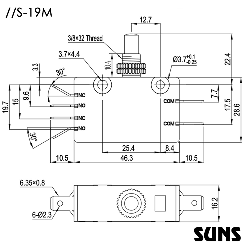 SUNS美国三实小型速动开关S-19M通用型微动开关 灵敏开关 尺寸图