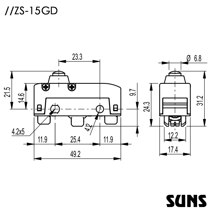 SUNS美国三实小型速动开关ZS-15GD安全微动开关 防水微动开关 灵敏开关 尺寸图
