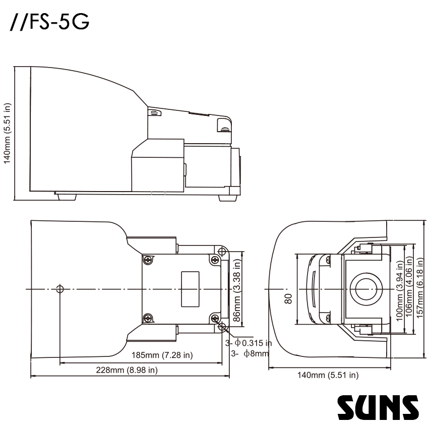 SUNS美国三实工业脚踏开关FS-5G-20重型脚踏 尺寸图