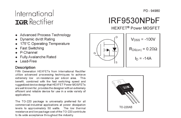 IRF9530NPBF MOSFET场效应管 代理商