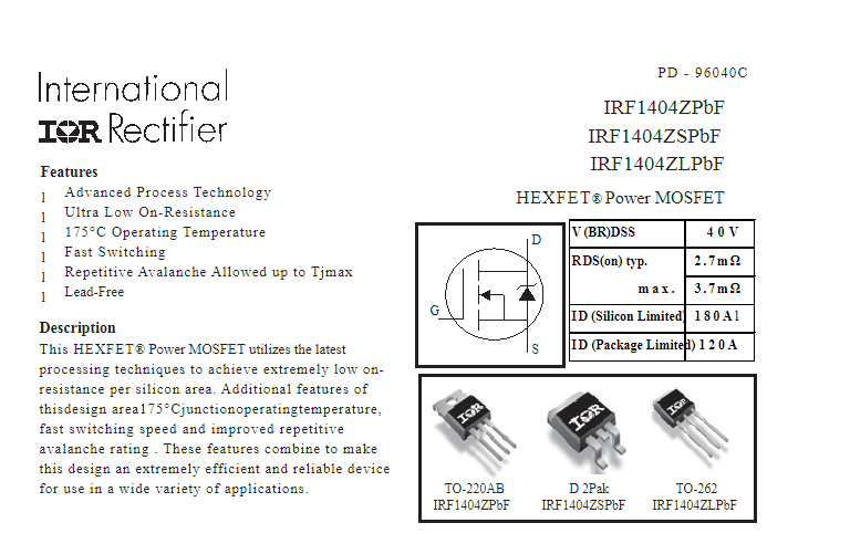 IRF1404ZSTRLPBF 专营MOSFET场效应管代理商