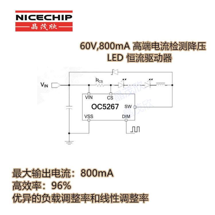 OC5267 60V800mA高端电流检测降压LED恒流驱动