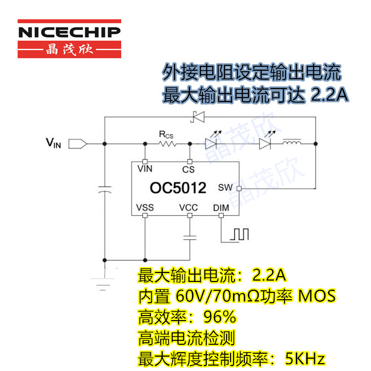 OC5012 内置5A MOS电流检测降压LED恒流驱动器