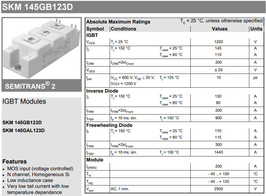 SKM145GAL123D 晶体管IGBT 西门康晶闸管