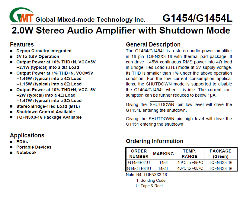 供应G1454LR41U 2.0W立体声音频放大器