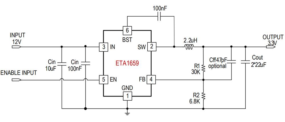 供应ETA1659D2G-18V, 5A高效同步降压变换器