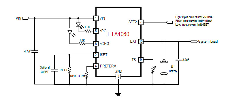 供应ETA4060D2K-1A全集成线性充电器