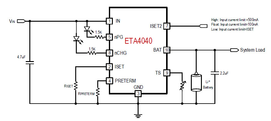 供应ETA4040D2K-1A全集成线性充电器